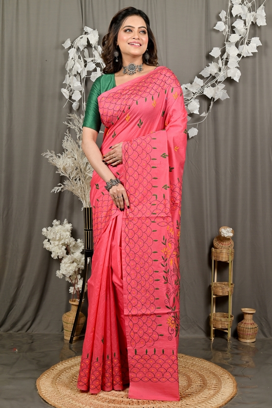 Dark Pink Cotton Blend Dharai Kantha Stitch Saree (2969)