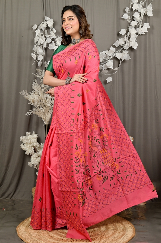 Dark Pink Cotton Blend Dharai Kantha Stitch Saree (2969)
