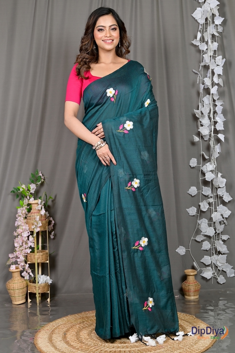 Turquoise Green Pure Cotton Paray Embroidery Handloom saree (297)