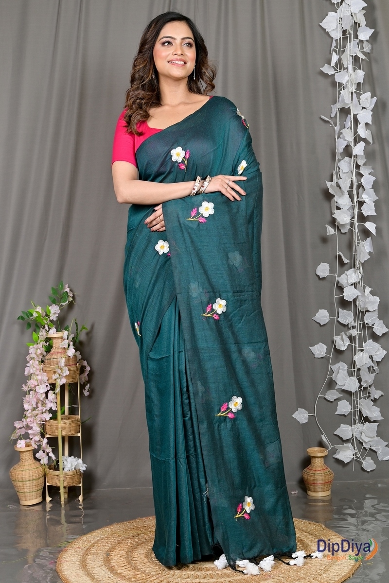 Turquoise Green Pure Cotton Paray Embroidery Handloom saree (297)