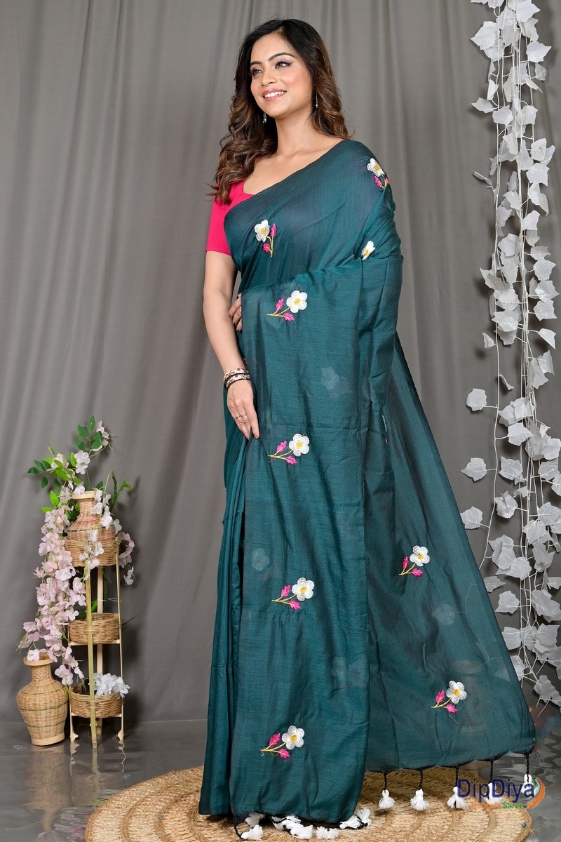 Turquoise Green Pure Cotton Paray Embroidery Handloom saree (297)