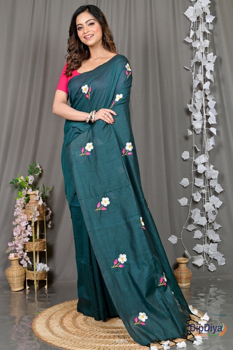 Turquoise Green Pure Cotton Paray Embroidery Handloom saree (297)