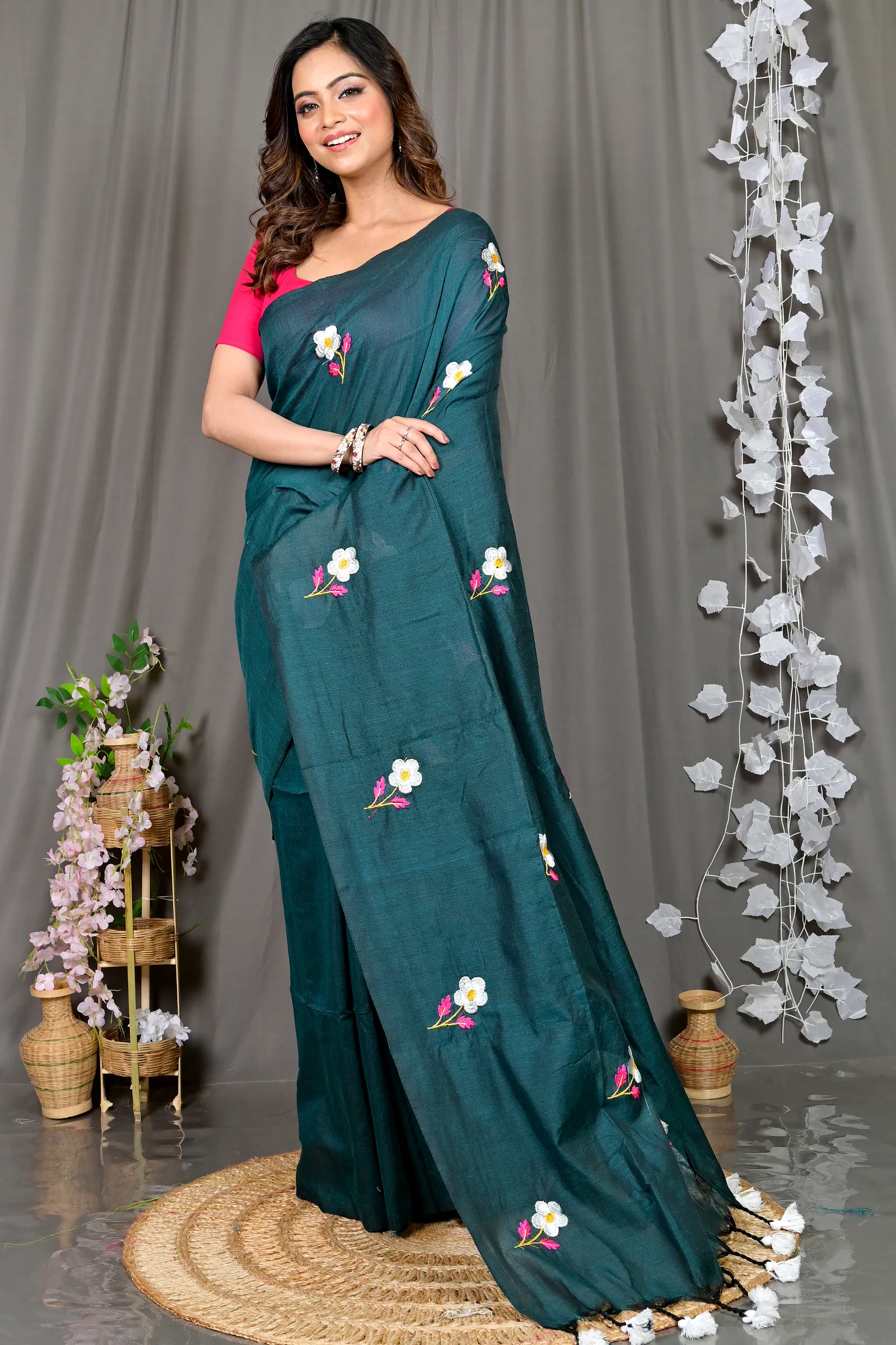 Turquoise Green Pure Cotton Paray Embroidery Handloom saree (297)