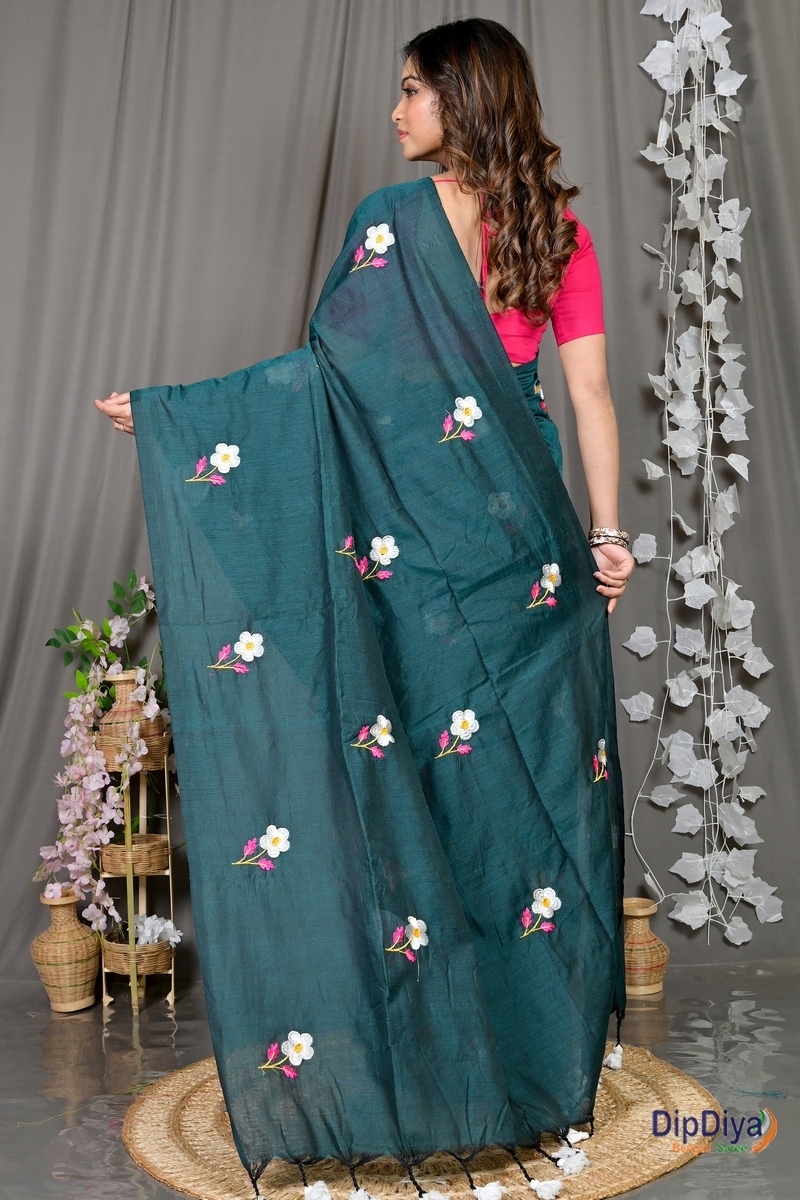 Turquoise Green Pure Cotton Paray Embroidery Handloom saree (297)