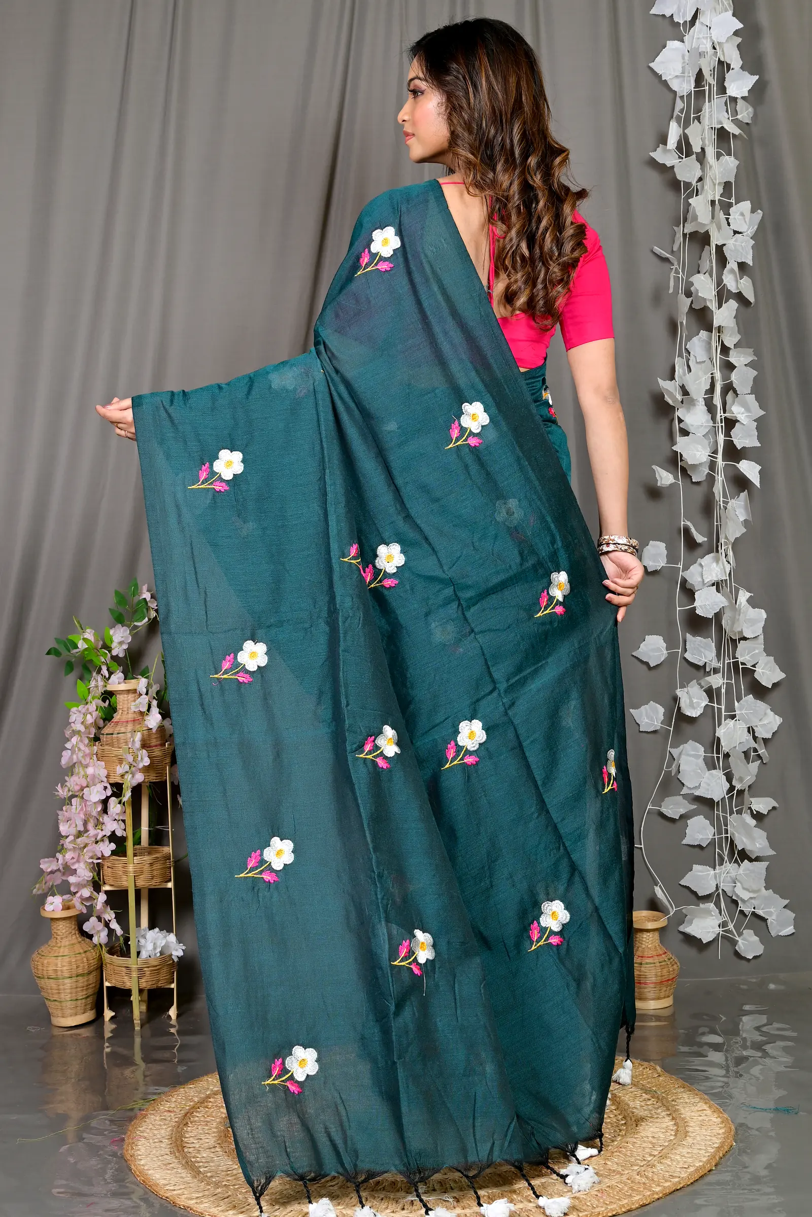 Turquoise Green Pure Cotton Paray Embroidery Handloom saree (297)