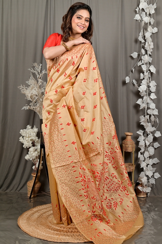 Golden Brown Cotton Blend Dharai Kantha Stitch Saree (2970)