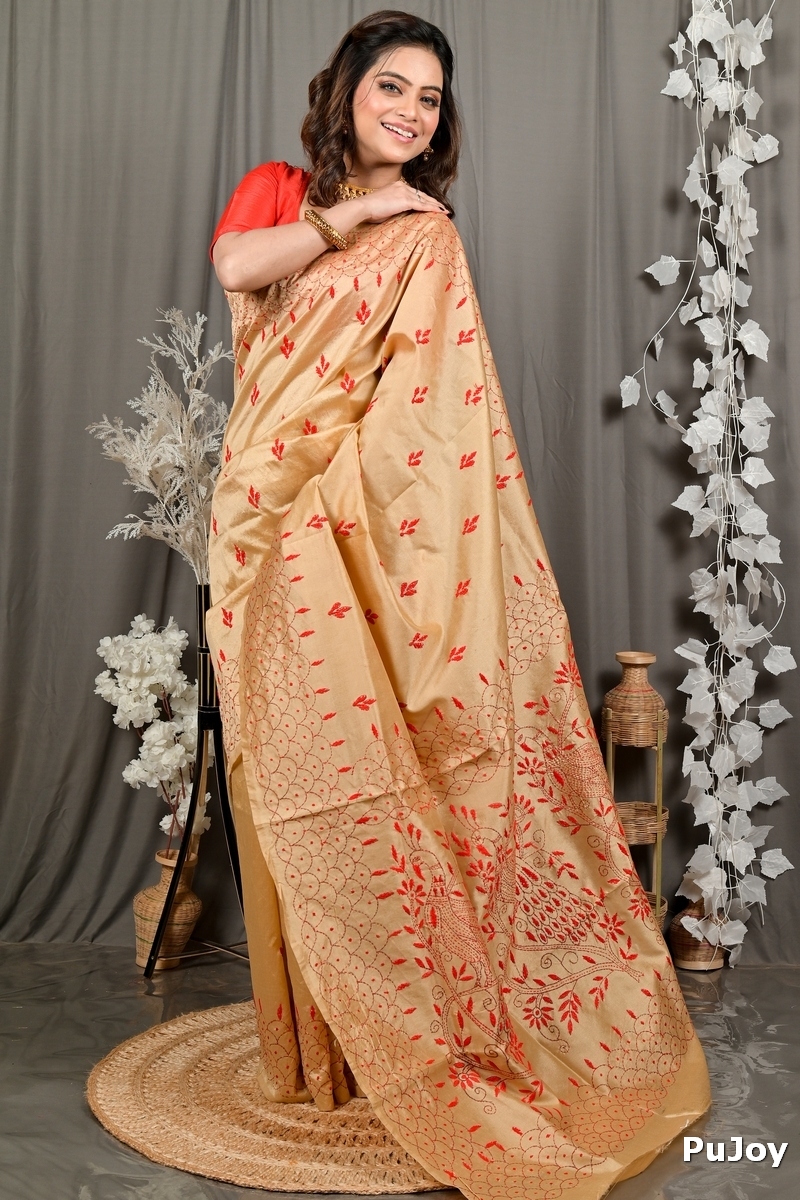 Golden Brown Cotton Blend Dharai Kantha Stitch Saree (2970)