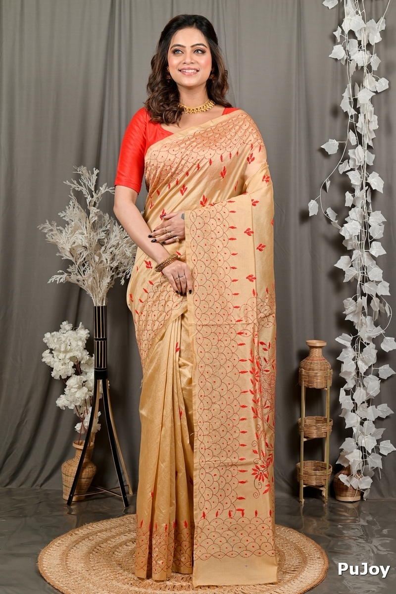Golden Brown Cotton Blend Dharai Kantha Stitch Saree (2970)