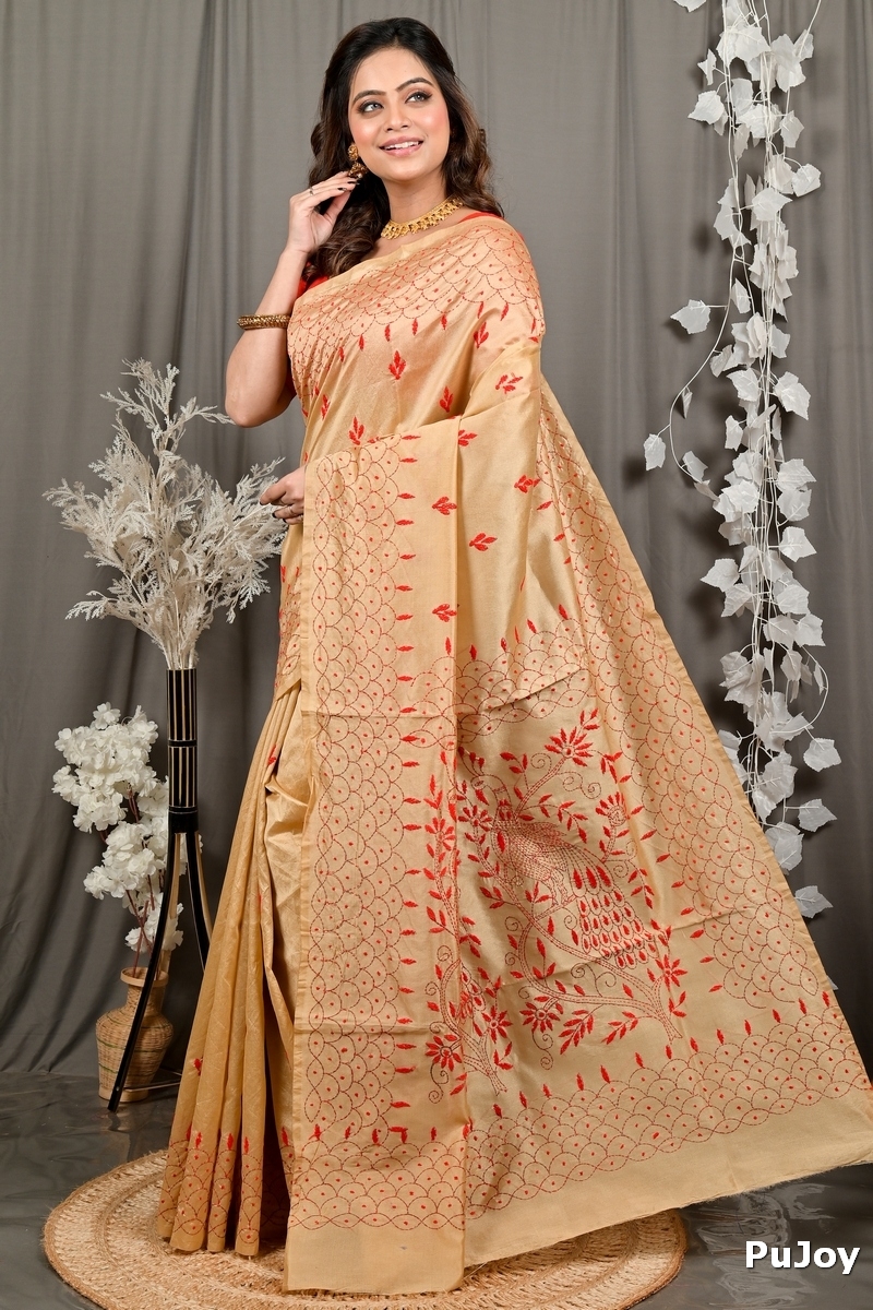 Golden Brown Cotton Blend Dharai Kantha Stitch Saree (2970)