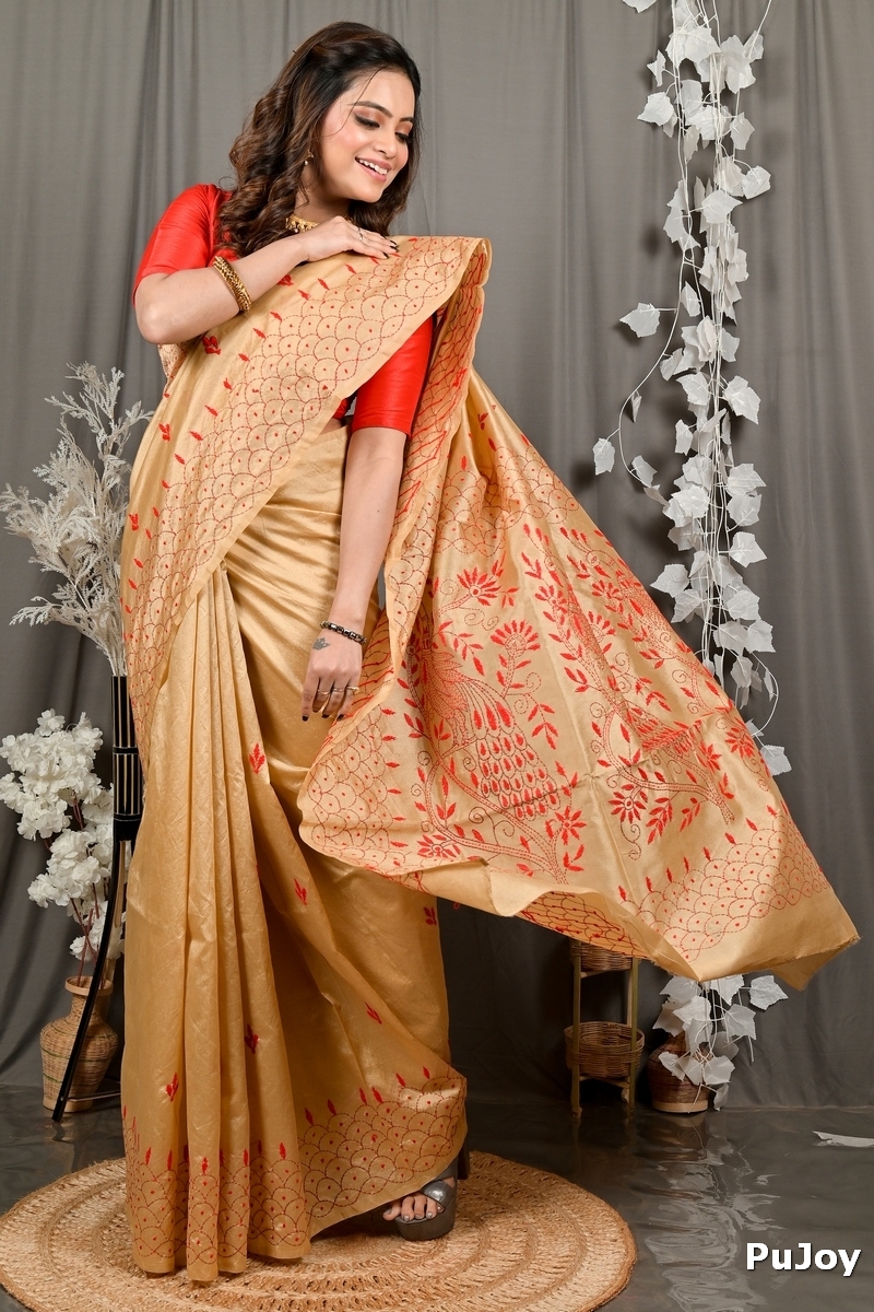 Golden Brown Cotton Blend Dharai Kantha Stitch Saree (2970)