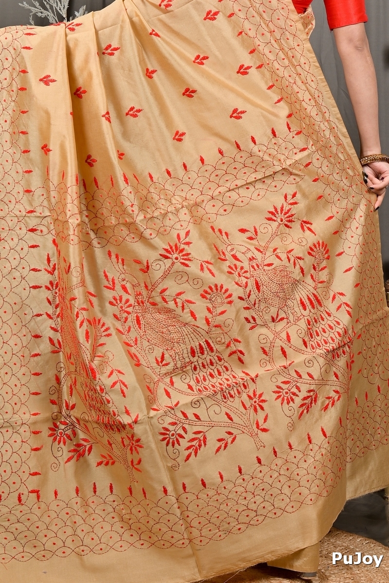 Golden Brown Cotton Blend Dharai Kantha Stitch Saree (2970)