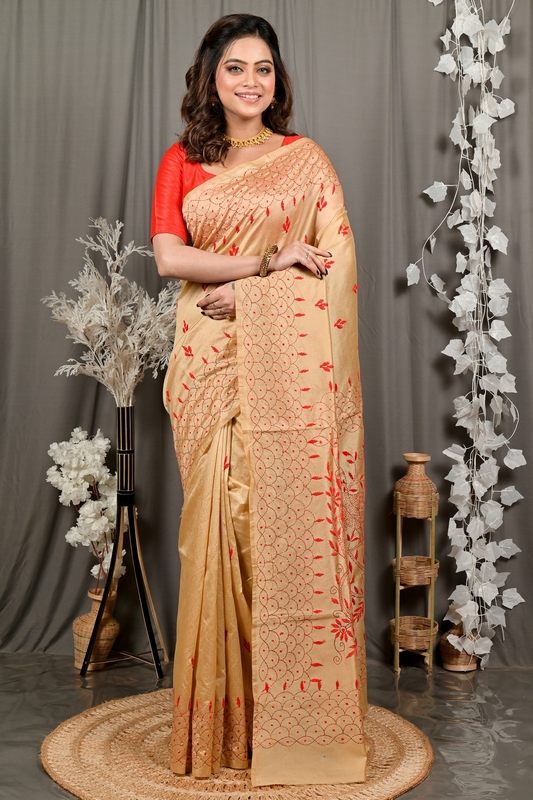 Golden Brown Cotton Blend Dharai Kantha Stitch Saree (2970)