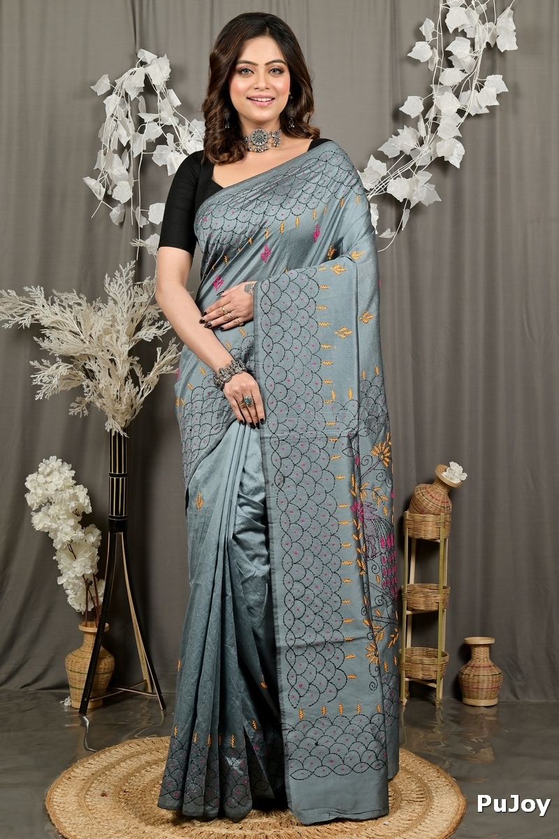 Dark Grey Cotton Blend Dharai Kantha Stitch Saree (2971)
