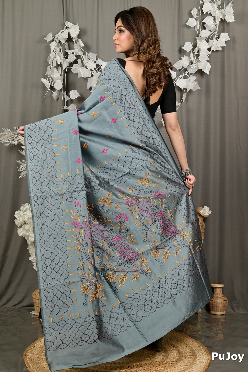 Dark Grey Cotton Blend Dharai Kantha Stitch Saree (2971)