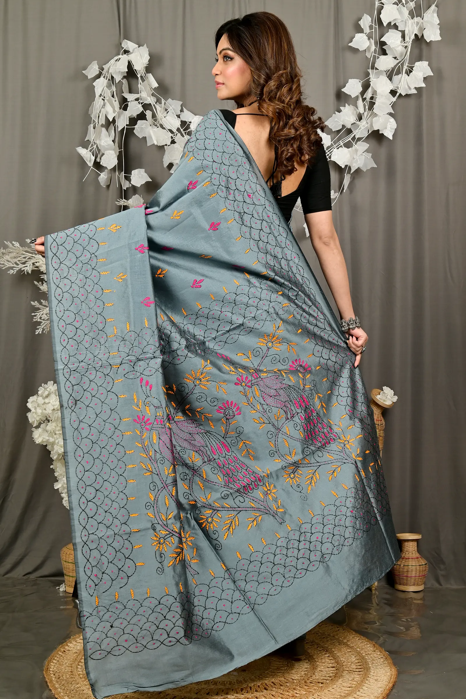 Dark Grey Cotton Blend Dharai Kantha Stitch Saree (2971)