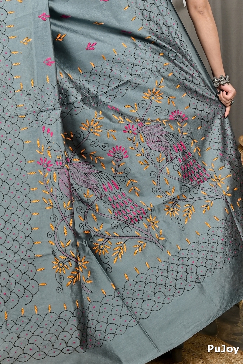 Dark Grey Cotton Blend Dharai Kantha Stitch Saree (2971)
