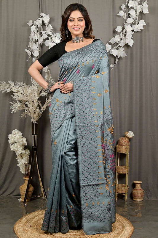 Dark Grey Cotton Blend Dharai Kantha Stitch Saree (2971)