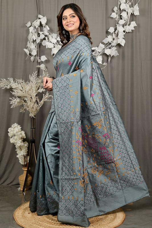 Dark Grey Cotton Blend Dharai Kantha Stitch Saree (2971)