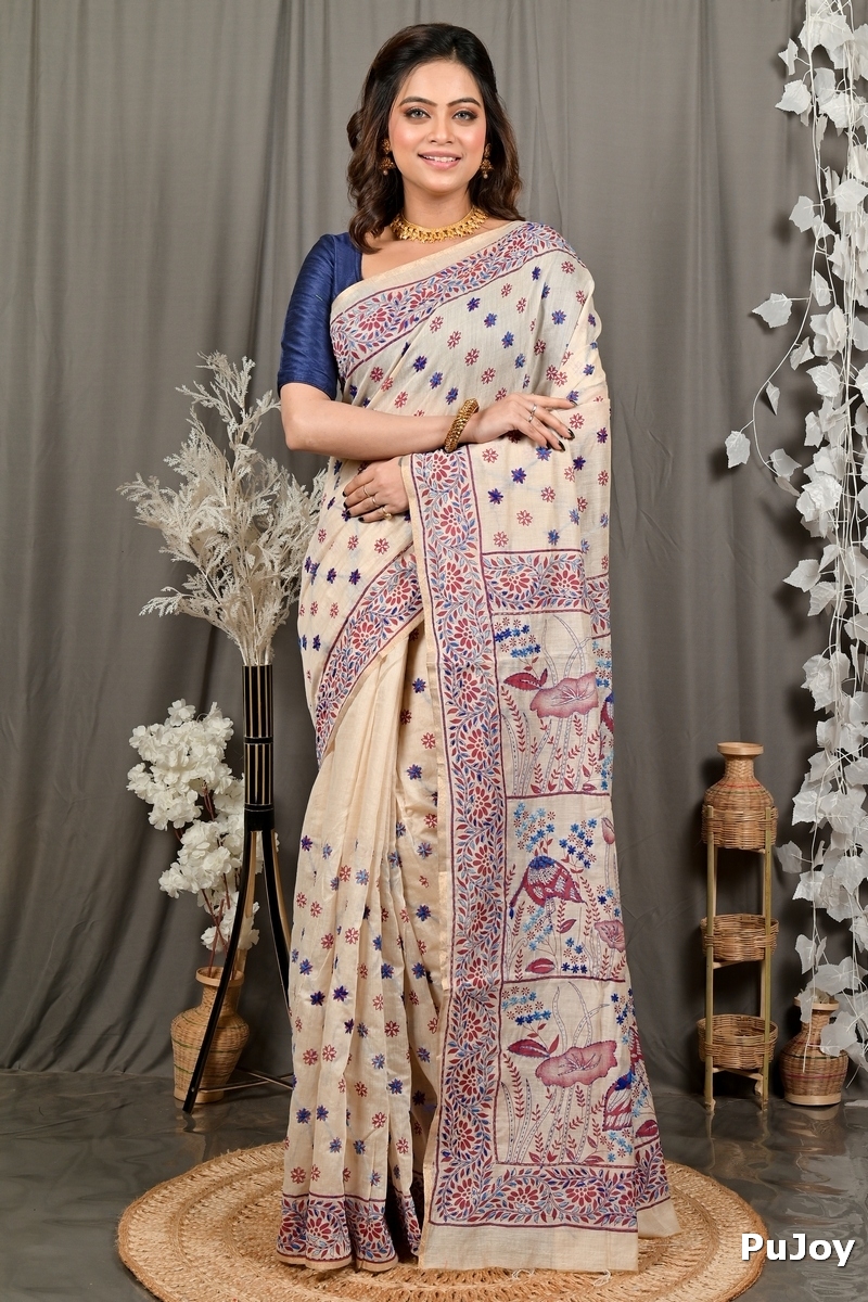 Off White Multy Color Pure Cotton Dhriti Kantha Stitch Saree (2972)