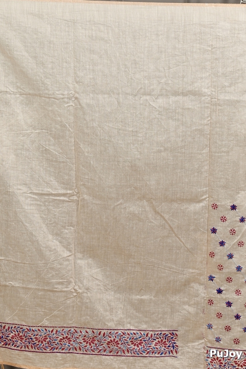 Off White Multy Color Pure Cotton Dhriti Kantha Stitch Saree (2972)