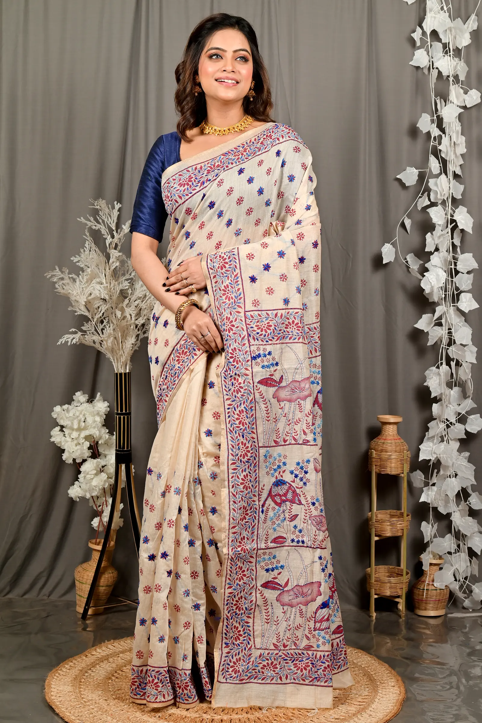 Off White Multy Color Pure Cotton Dhriti Kantha Stitch Saree (2972)