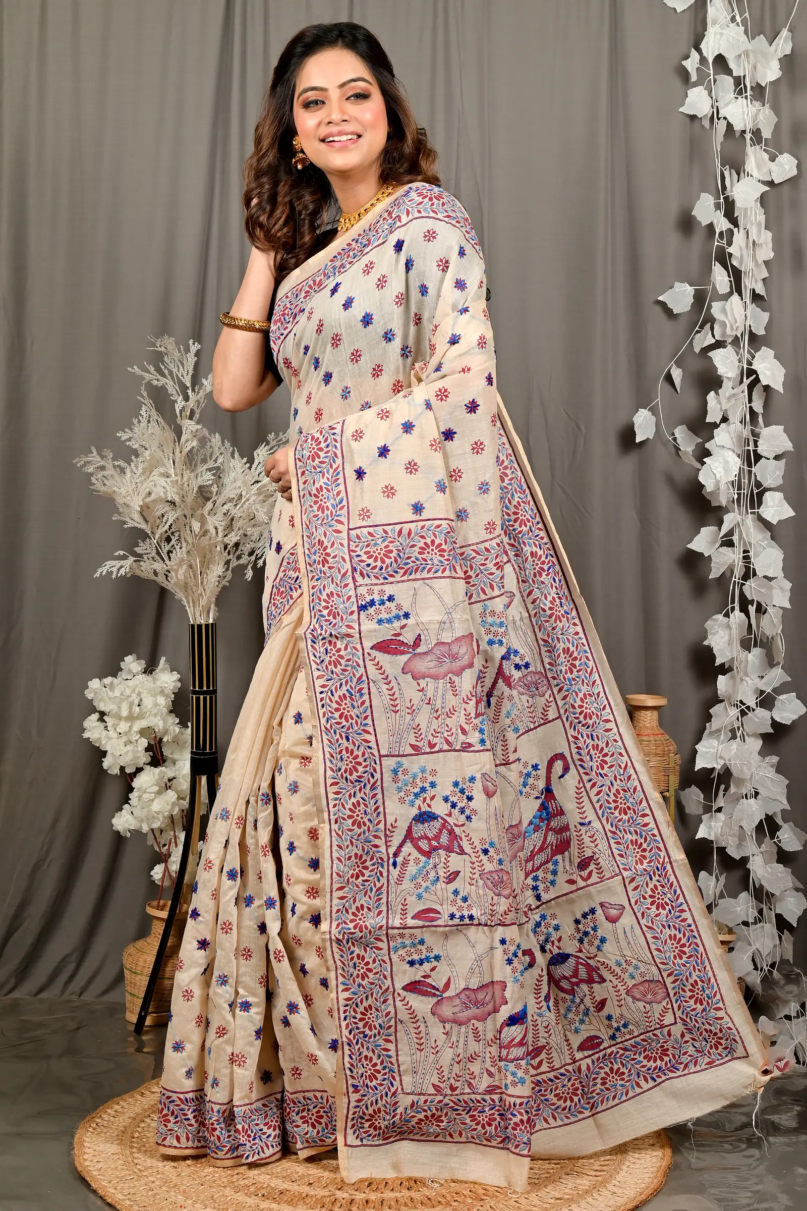 Off White Multy Color Pure Cotton Dhriti Kantha Stitch Saree (2972)