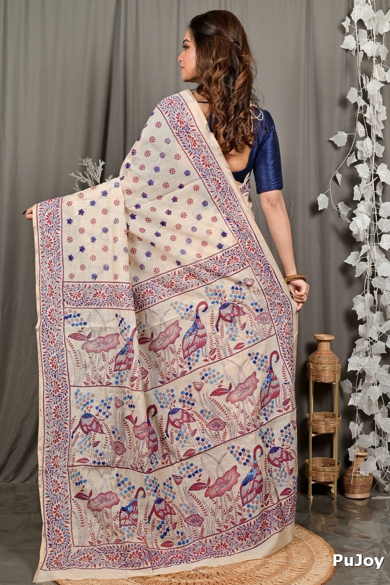 Off White Multy Color Pure Cotton Dhriti Kantha Stitch Saree (2972)