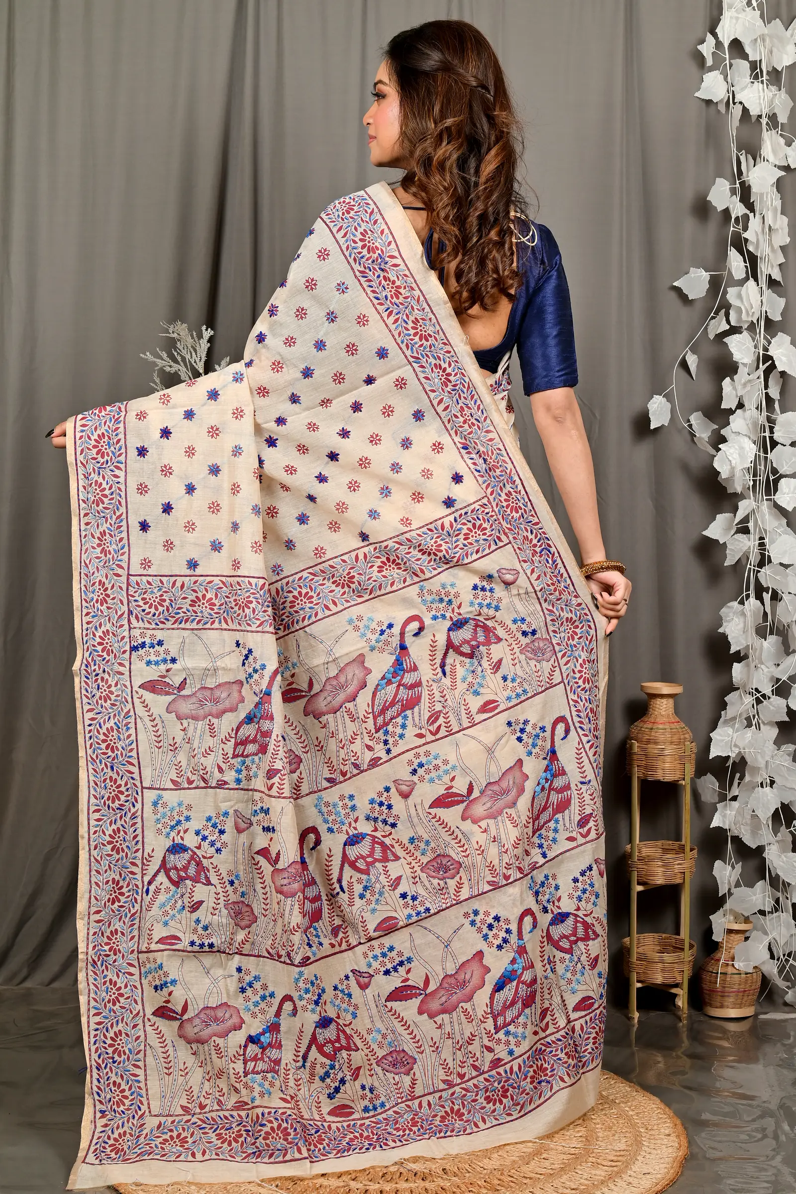 Off White Multy Color Pure Cotton Dhriti Kantha Stitch Saree (2972)