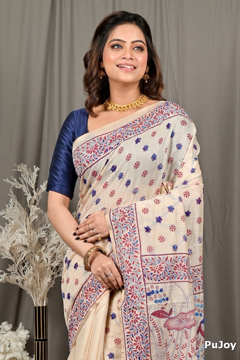 Off White Multy Color Pure Cotton Dhriti Kantha Stitch Saree (2972)