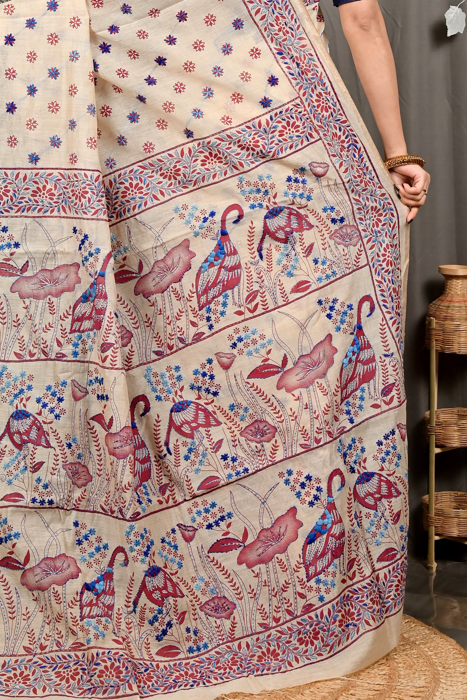 Off White Multy Color Pure Cotton Dhriti Kantha Stitch Saree (2972)
