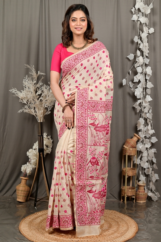 Off White Purple Pure Cotton Dhriti Kantha Stitch Saree (2973)