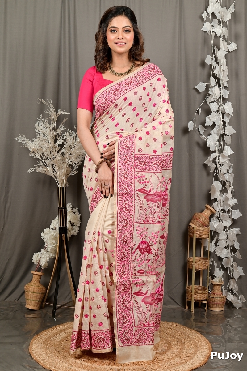Off White Purple Pure Cotton Dhriti Kantha Stitch Saree (2973)