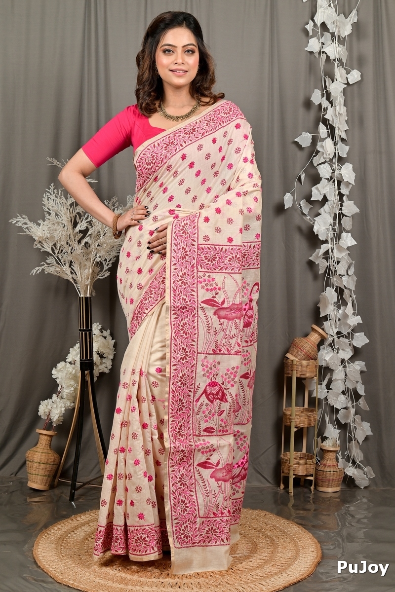 Off White Purple Pure Cotton Dhriti Kantha Stitch Saree (2973)