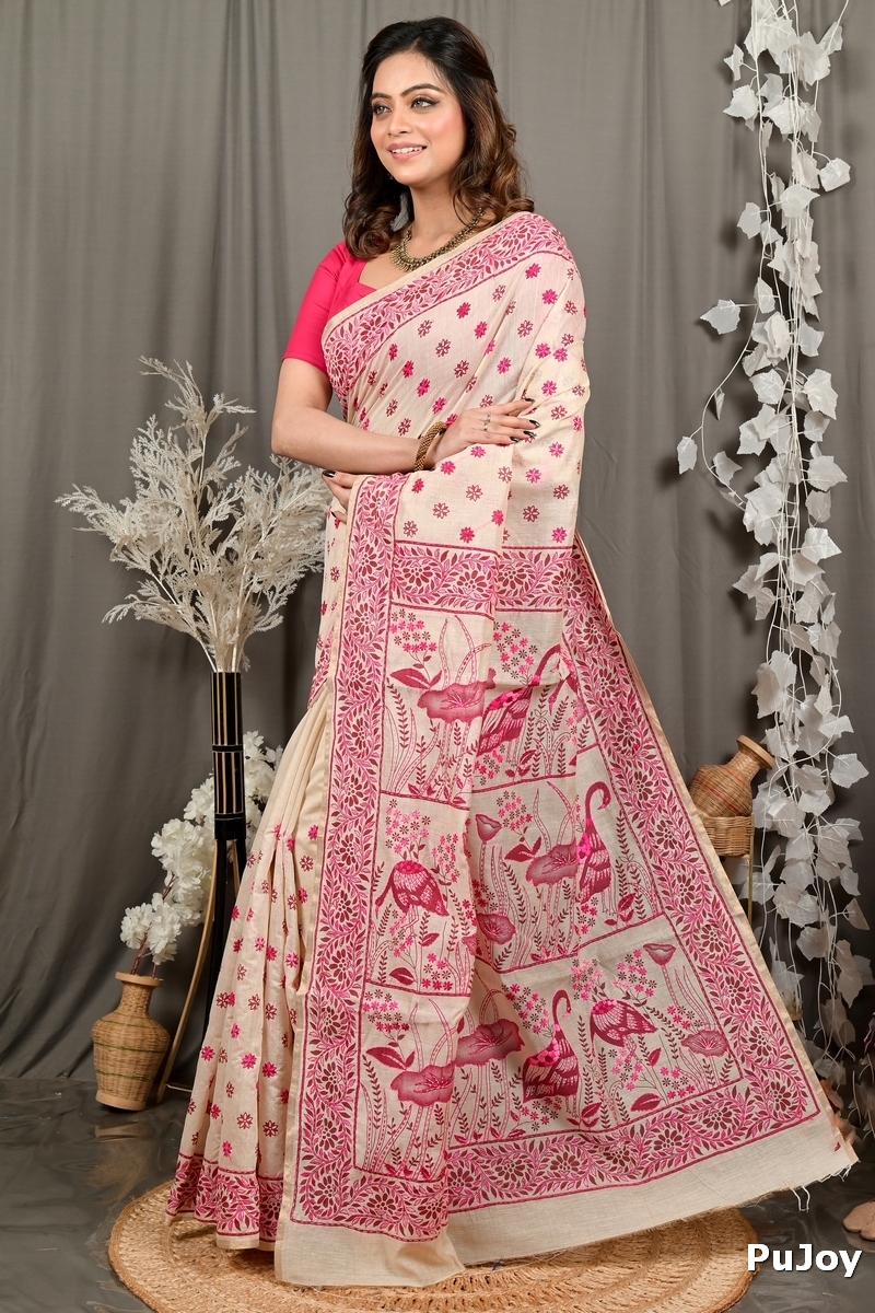Off White Purple Pure Cotton Dhriti Kantha Stitch Saree (2973)