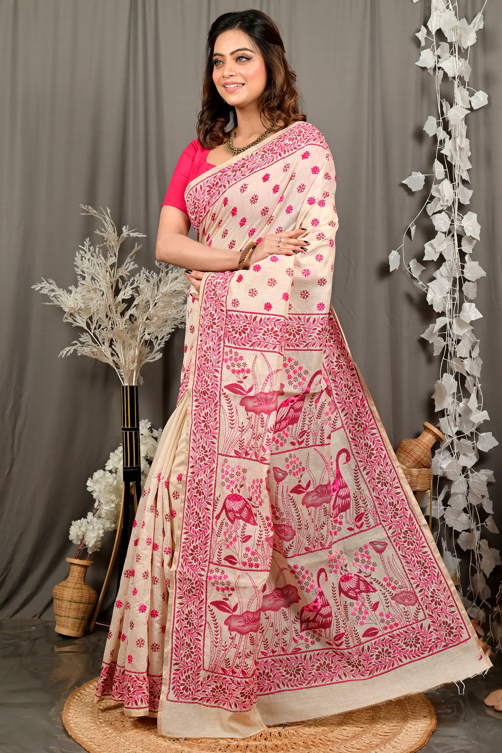 Off White Purple Pure Cotton Dhriti Kantha Stitch Saree (2973)