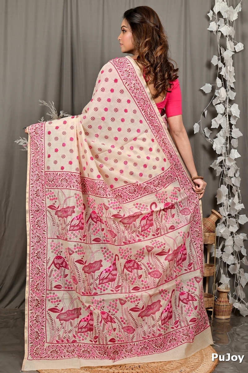 Off White Purple Pure Cotton Dhriti Kantha Stitch Saree (2973)