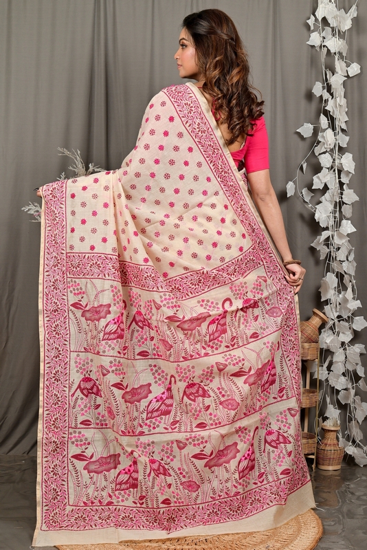 Off White Purple Pure Cotton Dhriti Kantha Stitch Saree (2973)
