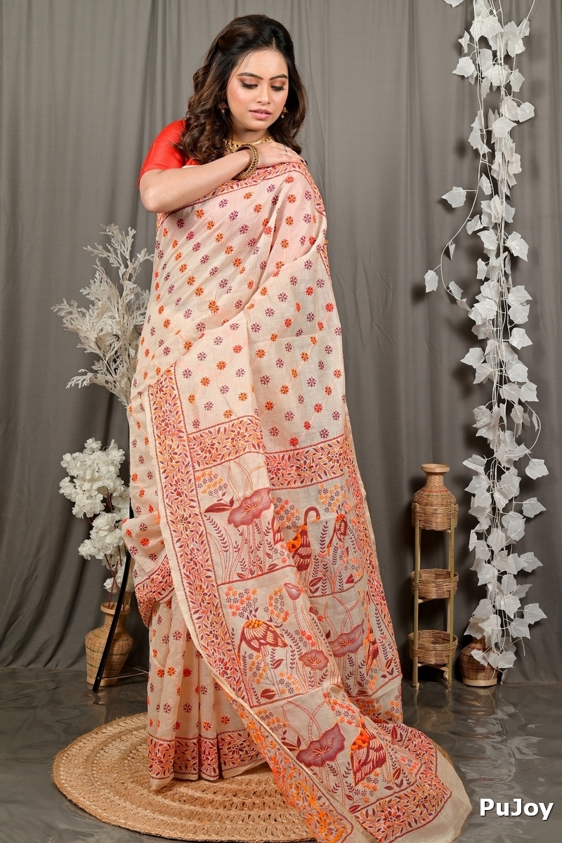 Off-White Orange Pure Cotton Dhriti Kantha Stitch Saree (2974)