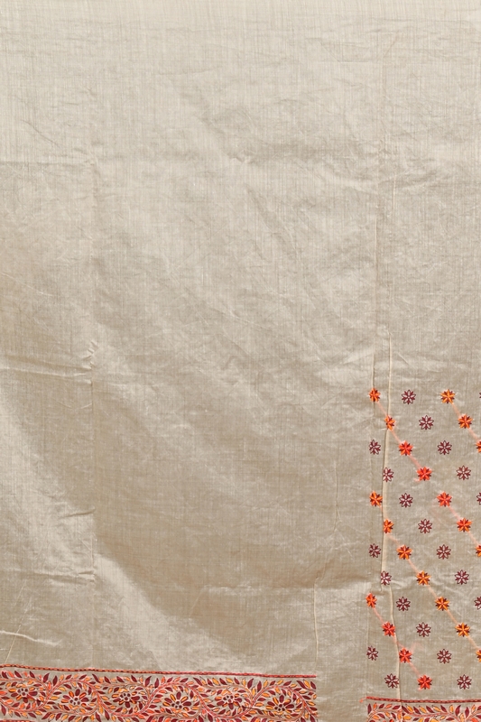 Off-White Orange Pure Cotton Dhriti Kantha Stitch Saree (2974)