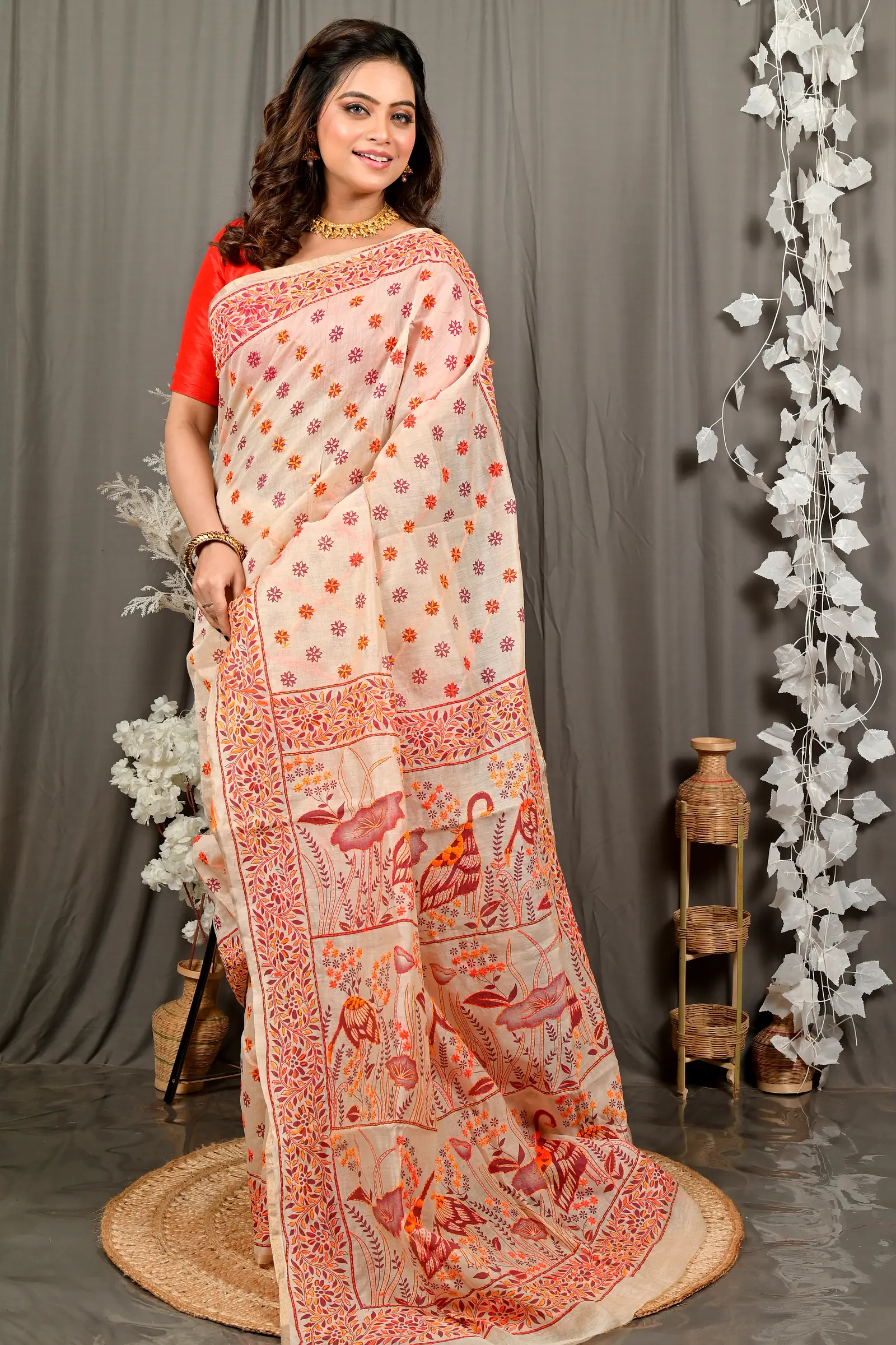 Off-White Orange Pure Cotton Dhriti Kantha Stitch Saree (2974)