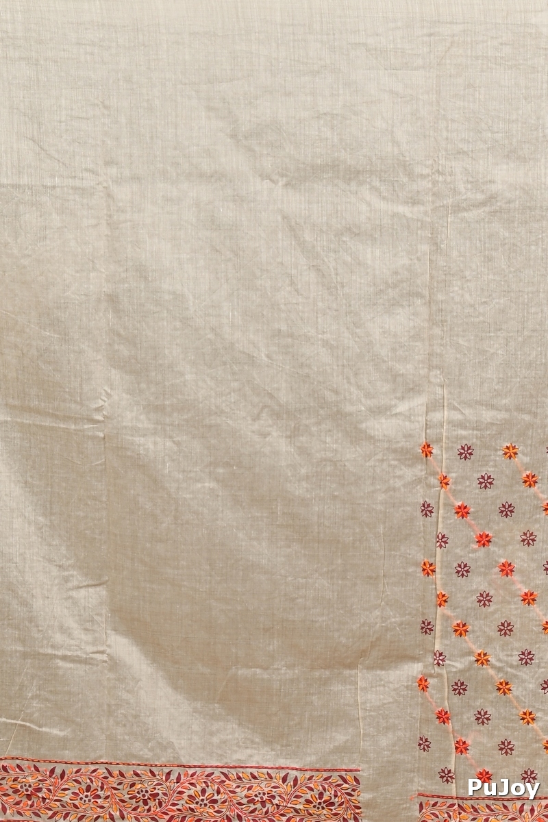 Off-White Orange Pure Cotton Dhriti Kantha Stitch Saree (2974)