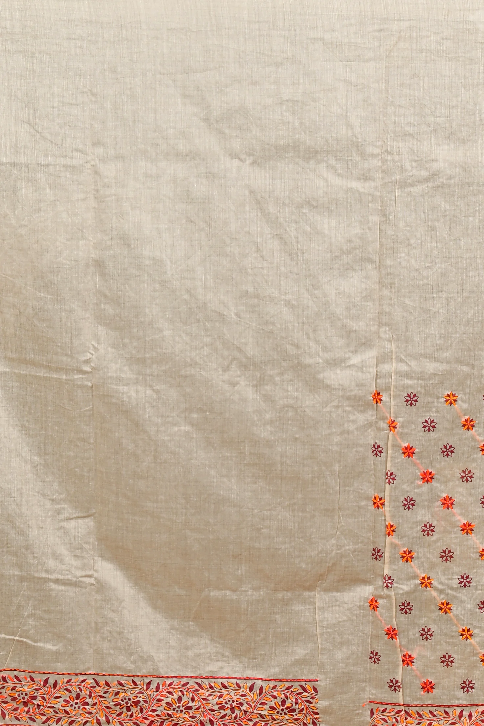 Off-White Orange Pure Cotton Dhriti Kantha Stitch Saree (2974)