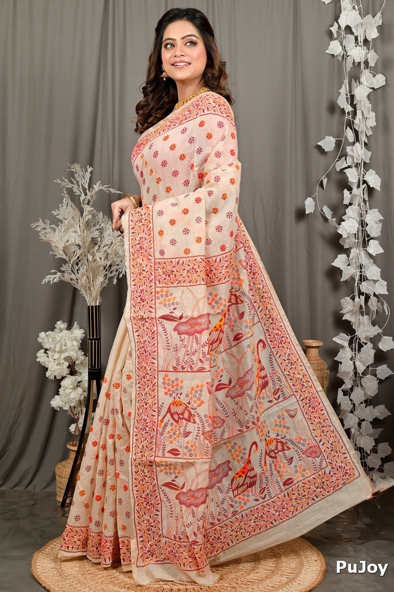 Off-White Orange Pure Cotton Dhriti Kantha Stitch Saree (2974)