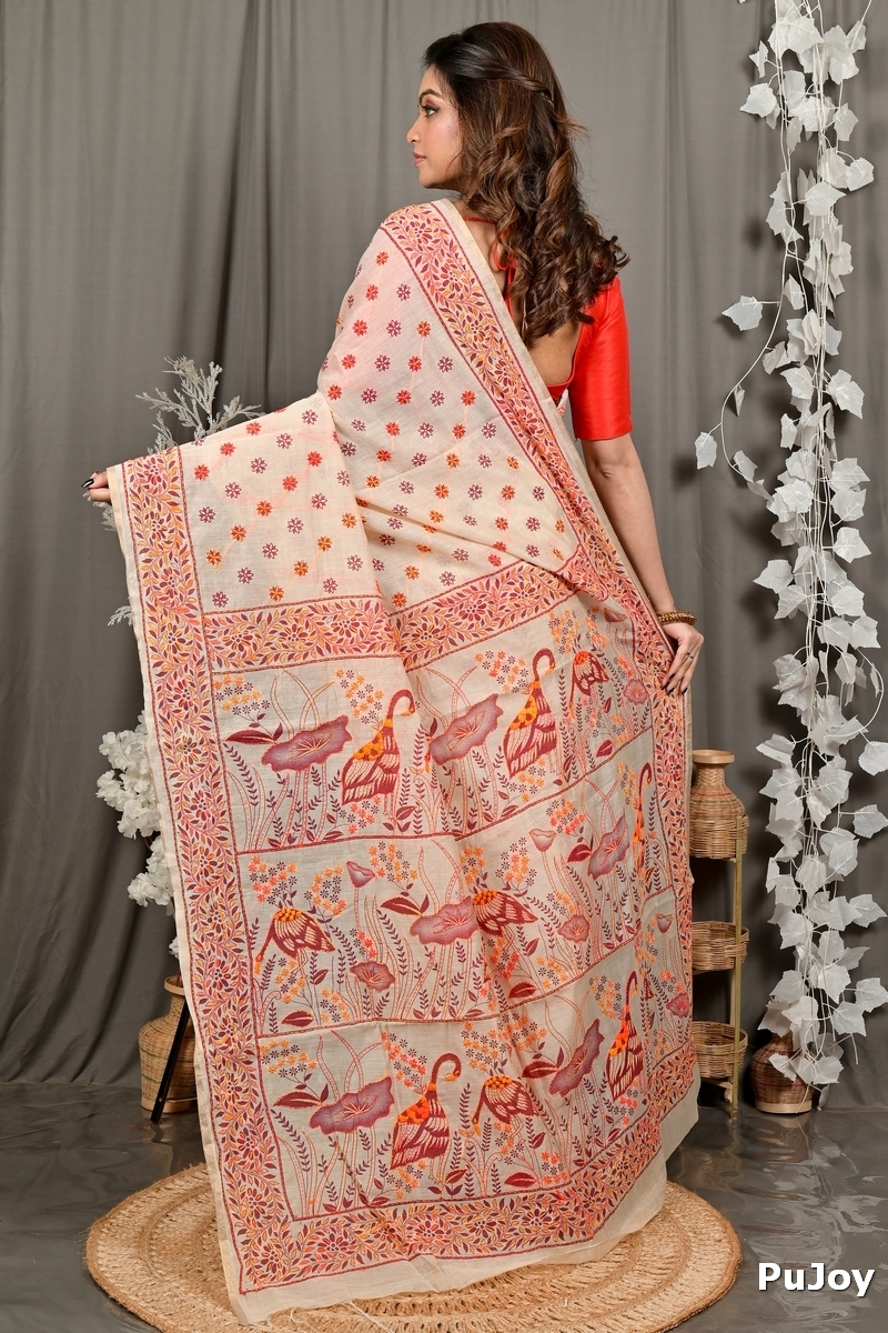 Off-White Orange Pure Cotton Dhriti Kantha Stitch Saree (2974)