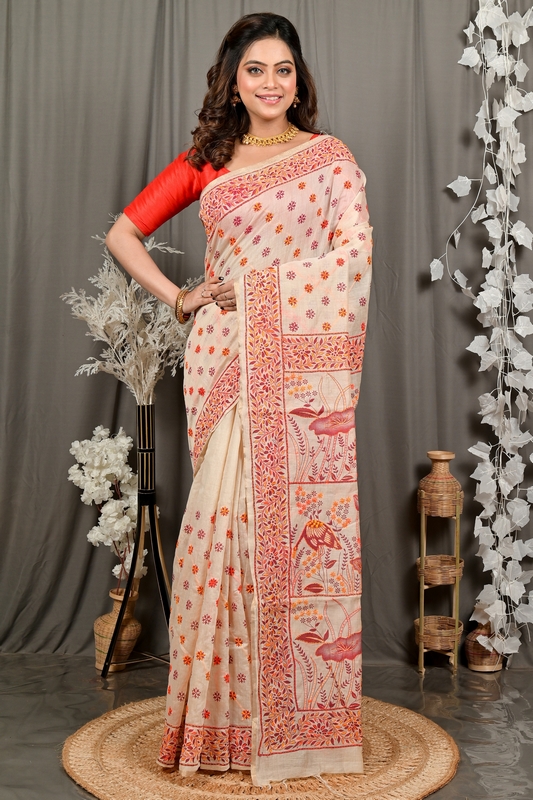 Off-White Orange Pure Cotton Dhriti Kantha Stitch Saree (2974)