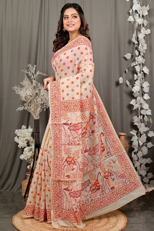 Off-White Orange Pure Cotton Dhriti Kantha Stitch Saree (2974)