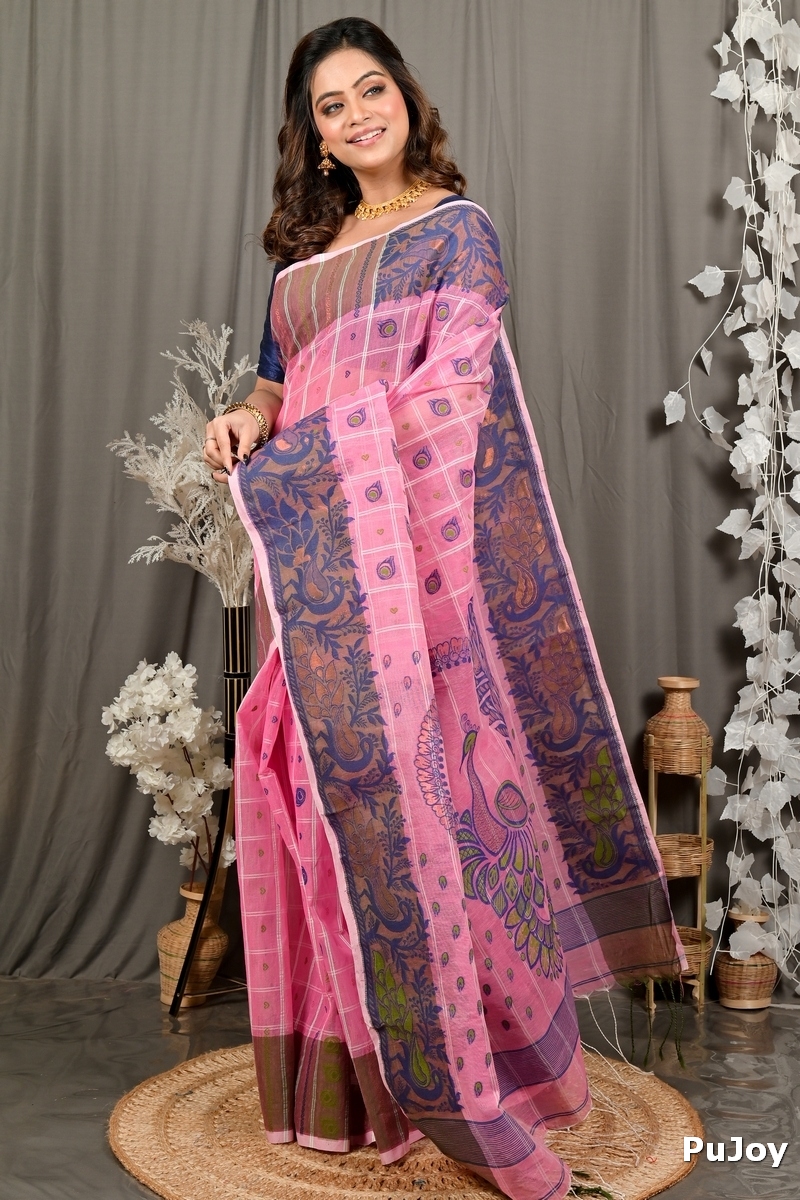 Pink Pure Cotton Dhrubi Jamdani Saree (2975)