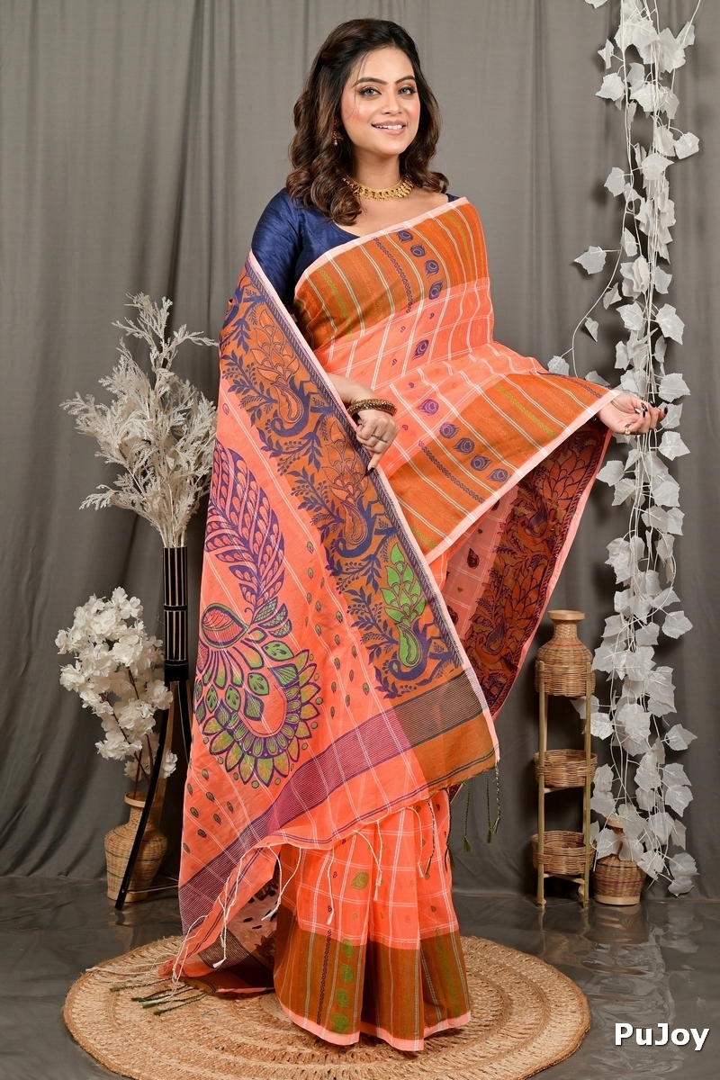 Orange Pure Cotton Dhrubi Jamdani Saree (2976)