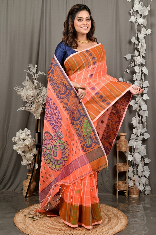 Orange Pure Cotton Dhrubi Jamdani Saree (2976)
