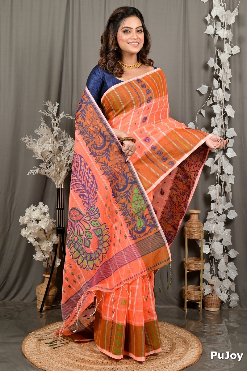 Orange Pure Cotton Dhrubi Jamdani Saree (2976)